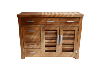 Light-brown wooden cabinet with multiple drawers and doors.
