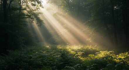 Dense green forest with sun rays breaking through mist