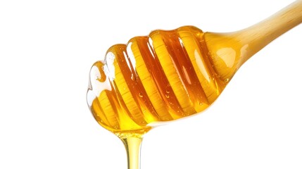 Golden honey dripping from wooden dipper, pure sweetness captured in rich amber liquid, natural food essence
