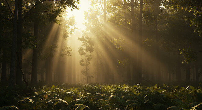 Dense green forest with sun rays breaking through mist