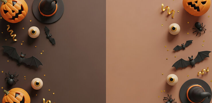 Split-tone Halloween design in brown and beige, decorated with pumpkins, witch hats, fake eyeballs, bats, and spiders on both sides. Clean center layout perfect for text or promotional use.