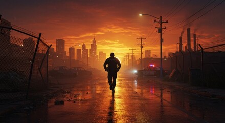 A solitary police officer runs toward the camera, silhouetted by a foreboding sunset above the rough streets of Los Angeles, while flashing police lights illuminate the background.