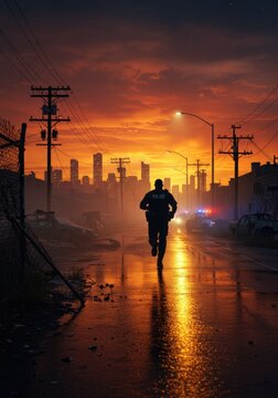 A solitary police officer runs toward the camera, silhouetted by a foreboding sunset above the rough streets of Los Angeles, while flashing police lights illuminate the background.
