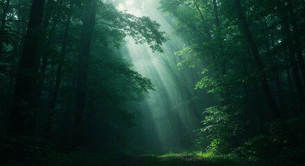 Obraz premium Dense green forest with sun rays breaking through mist