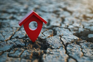 Find your dream home location with this red house icon on cracked earth for real estate marketing