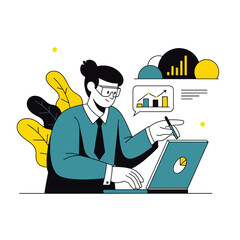 A businessman working on a laptop, analyzing data and graphs, with elements of data visualization around him.