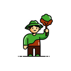 A cartoon illustration of a person holding a small tree, smiling.