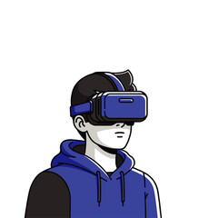 A person wearing virtual reality headset, looking forward, isolated on white background.