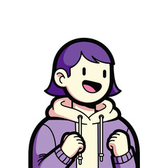 Smiling cartoon character with purple hair and a lavender hoodie, happily gesturing.