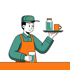 A waiter in uniform holds a tray with a jar and mug, and another glass of water.