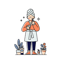 Woman in a bathrobe shaving, surrounded by toiletries and plants.