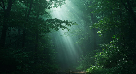 Dense green forest with sun rays breaking through mist