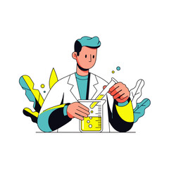 Scientist carefully pouring liquid from test tube into beaker during experiment.