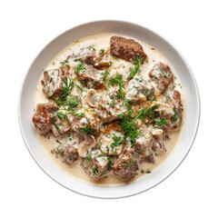 Creamy Beef Stew with Herbs in White Bowl on Wooden Table
