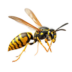 Close-Up of a Yellow and Black Wasp in Mid-Flight Over White Background