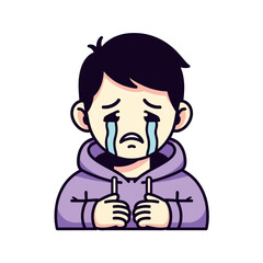 A cartoon boy wearing a purple hoodie cries, showcasing sadness and distress.