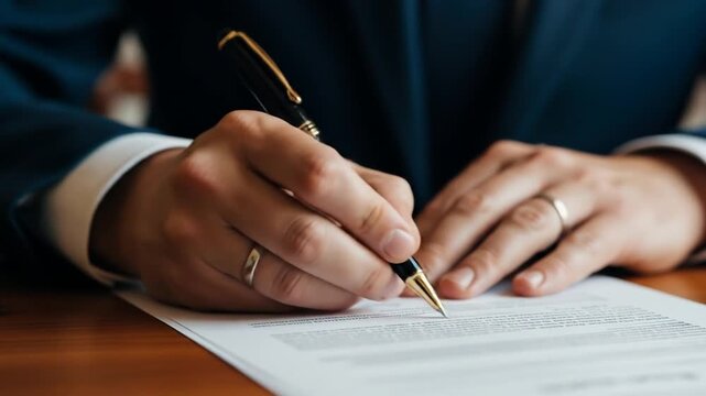 Man signing legal document, close-up of hands with pen on paper