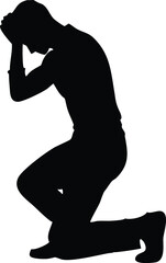 Silhouette of a man kneeling with head in hands, stressed or depressed person pose, vector illustration for anxiety, grief, mental health concepts