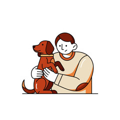 A man is hugging a brown dog that is standing on its hind legs. The man is smiling and wearing a sweater.