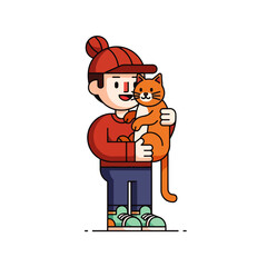 Cartoon illustration of a boy wearing a hat and sweater, holding an orange cat.
