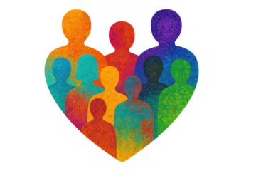 Diverse colorful people silhouettes forming a heart shape symbolizing unity, tolerance, and social inclusion on a transparent background