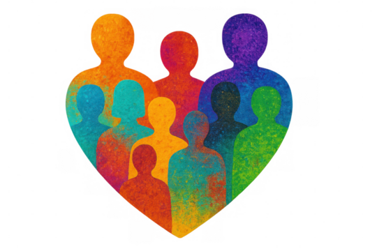 Diverse colorful people silhouettes forming a heart shape symbolizing unity, tolerance, and social inclusion on a transparent background