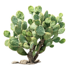 Green Opuntia Cactus with Thick Pads and Sturdy Base on White Background