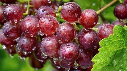 Close-up of fresh red grapes, showcasing water droplets on the surface, nestled among vibrant green leaves, highlighting natural freshness - Powered by Adobe