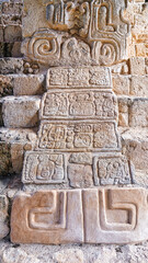 Stela with hieroglyphs of a Serpent Head at the first level of the Acropolis, west side of the tomb of Ukit Kan Leʼk Tokʼ,ruler of the Great Mayan city of Ek Balam,near Valladolid,Yucatan,Mexico