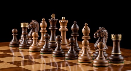 Classic wooden chess pieces, light and dark, meticulously arranged on a reflective chessboard, ready for a strategic game.