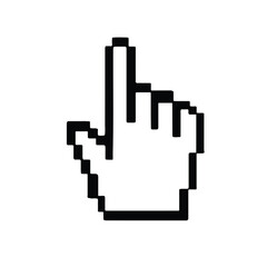 Fototapeta premium Black and white pixelated hand pointer icon. Isolated graphic of a retro computer cursor for user interface.