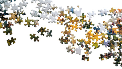 Colorful Jigsaw Puzzle Pieces Spread Across a Table Surface