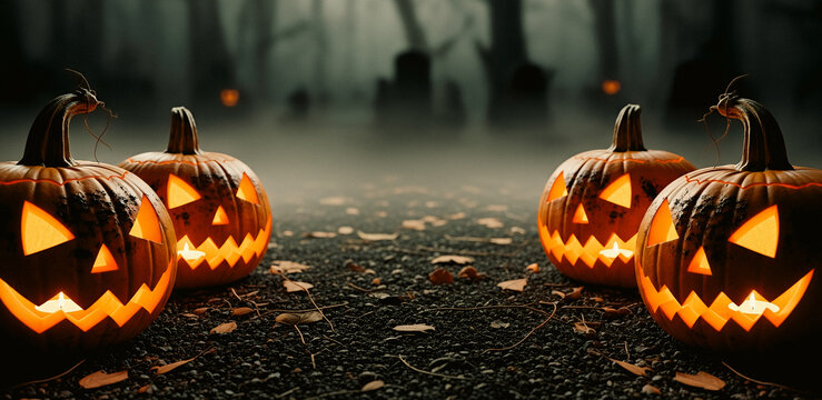 Four glowing jack-o'-lanterns sit on the ground in a dark foggy forest, arranged in a cinematic Halloween scene with eerie lighting, misty trees, and haunting shadows