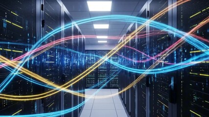 Server room with rows of equipment illuminated by ceiling lights and colorful looping light trails - Powered by Adobe