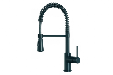 Sleek dark metal kitchen faucet featuring pull-down sprayer, flexible hose, complementing contemporary design, set against transparent backdrop