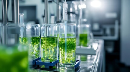 Close up of laboratory glassware with green liquid and plant matter on a metal counter top in a lab