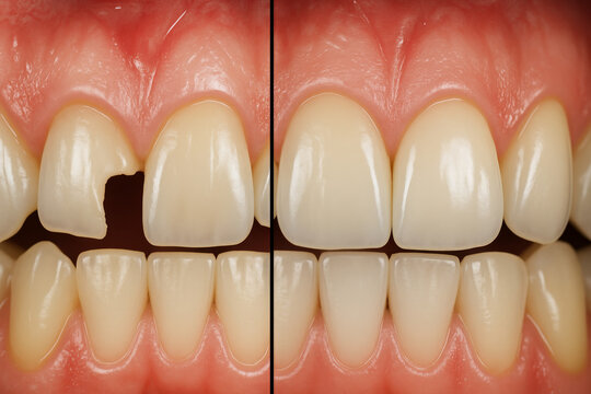 Chipped tooth before and after dental restoration, close-up of front teeth showing successful enamel repair and shape reconstruction