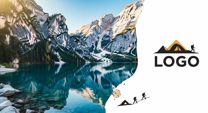Majestic mountain range reflected in a serene lake with a camping logo overlayed on the right.