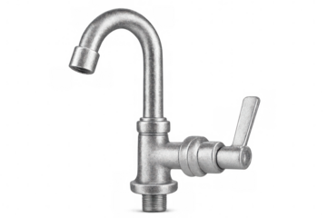 Steel bathroom faucet with chrome lever handle, precision-engineered surface, transparent background highlighting clean design details