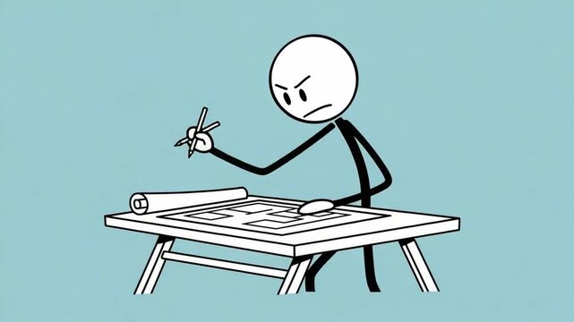 Stick Figure Architect Drawing Blueprints at a Drafting Table