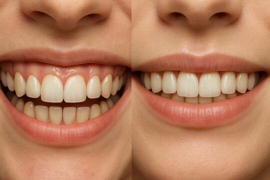 Gummy smile correction before and after aesthetic alignment, improved gum exposure and lip line symmetry shown in high-resolution smile image