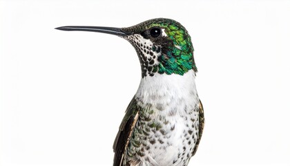 Fototapeta premium A close-up of a male Lucifer hummingbird with green feathers on its head and a long, curved beak against a white background.