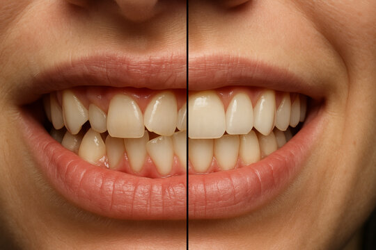 Orthodontic realignment before and after showing corrected dental arch and resolved crowding, side-smile view with natural tooth texture preserved