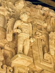 Fototapeta premium Close up of a Mayan winged warrior with unique jewellery outside the chamber of the Tomb of Ukit Kan Lek tok, on the acropolis pyramid of Ek Balam,near Valladolid,Yucatan,Mexico