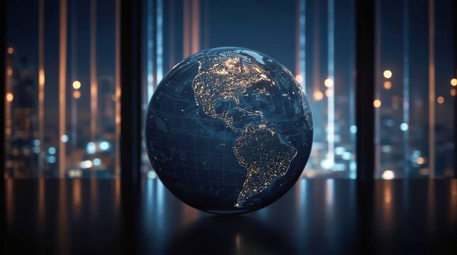 A blue globe with binary code and continents like America and Europe on a world map illustrates a global business concept of digital technology.