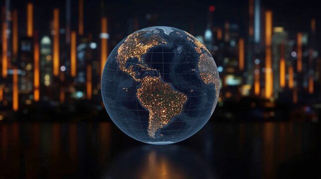 A blue globe with binary code and continents like America and Europe on a world map illustrates a global business concept of digital technology. - Powered by Adobe