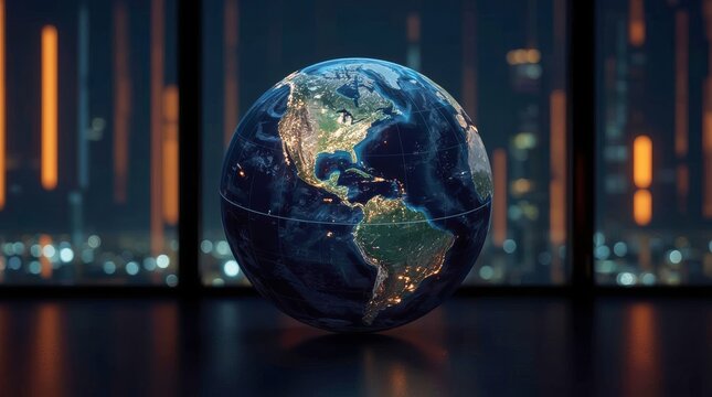 A blue globe with binary code and continents like America and Europe on a world map illustrates a global business concept of digital technology.