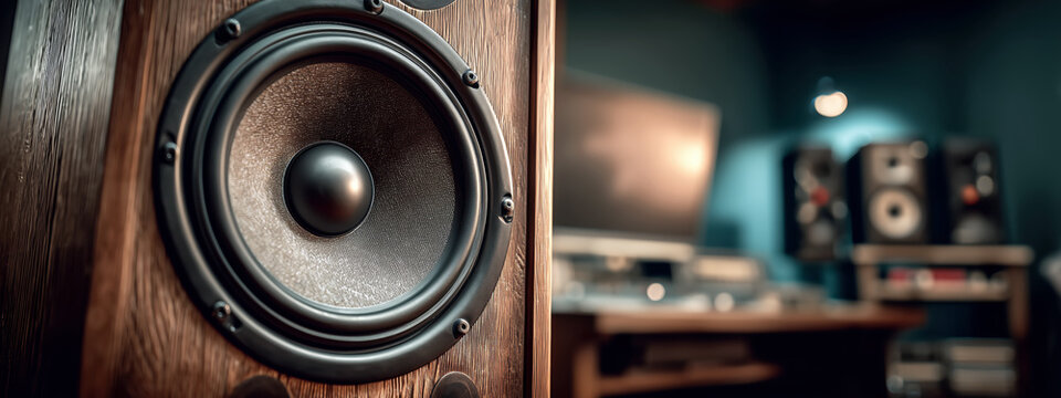 Wooden Speaker with Rich Sound Quality and Modern Studio Background for Music Lovers