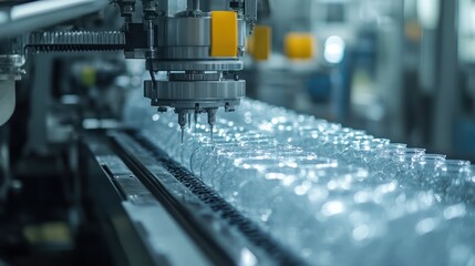 Sophisticated Automated Machine precisely filling Bottles on Assembly Line