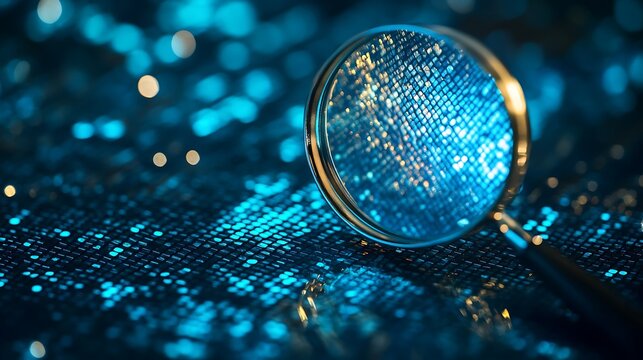 A close up of a magnifying glass on a blue circuit board with bokeh lights in the background view